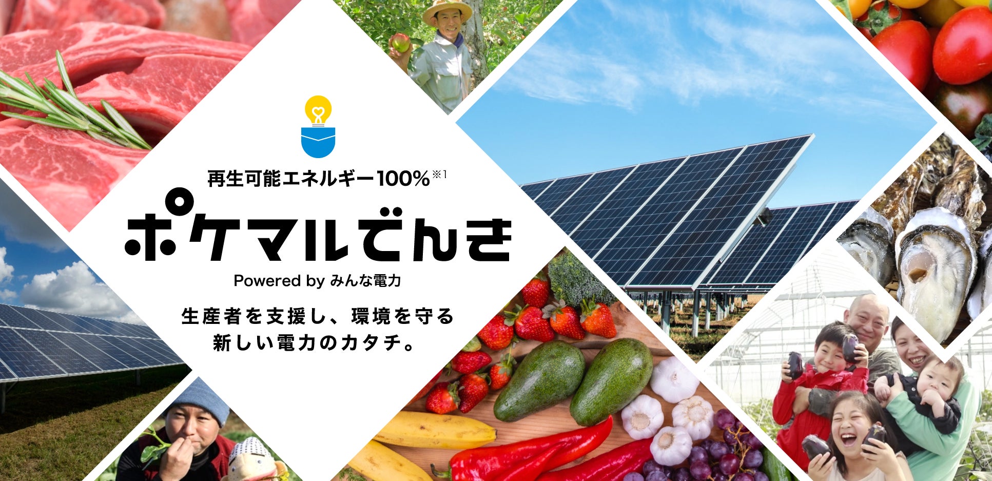 生産者が作った再エネ100%の電気を使用できる「ポケマルでんき」がスタート　電気代の一部は、気候変動の影響を受けた生産者の支援に充当のサブ画像1_※1 再生可能エネルギー由来の電気に、再生可能エネルギー指定の非化石証書の環境価値を組み合わせることで、再生可能エネルギー100％の電気を供給します。（CO2排出量もゼロとなります）