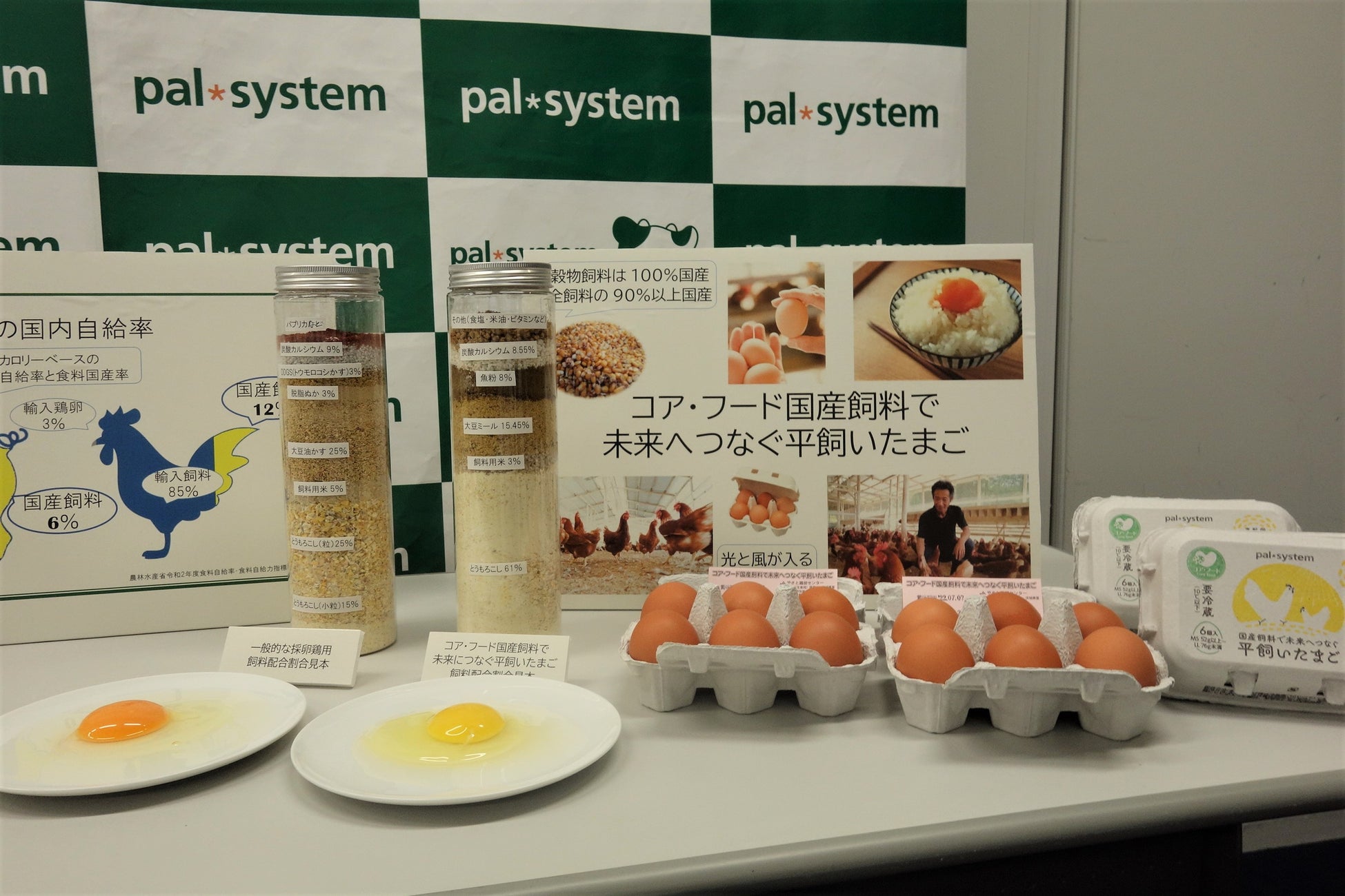 パルシステム「国産飼料比率引き上げ発表会」開催　自給率向上に取り組む生産者2名が登壇のサブ画像4_「コア・フード国産飼料で未来へつなぐ平飼いたまご」展示