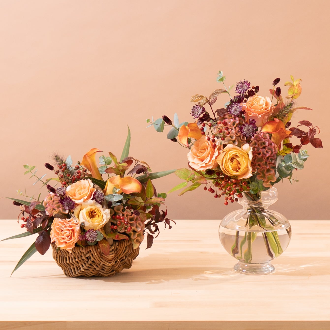 HitoHana(ひとはな)の秋の花ギフト。秋バラとマムを楽しむ花束とバスケット入りアレンジメントを限定販売のサブ画像3_秋のアレンジメント・花束 バラ オレンジ