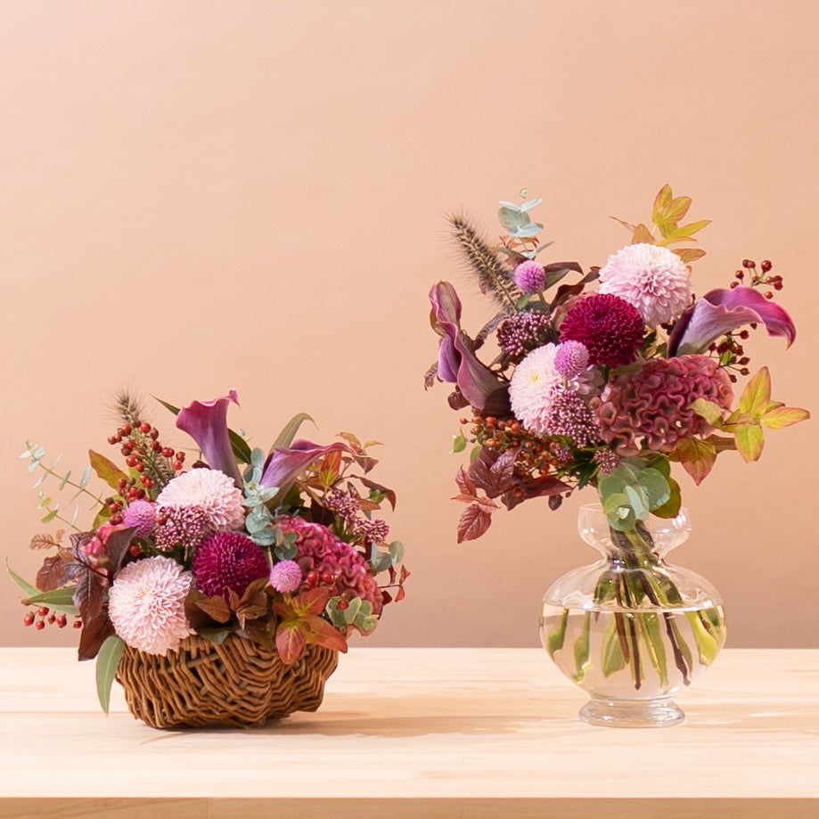 HitoHana(ひとはな)の秋の花ギフト。秋バラとマムを楽しむ花束とバスケット入りアレンジメントを限定販売のサブ画像5_秋のアレンジメント・花束 マム ピンク