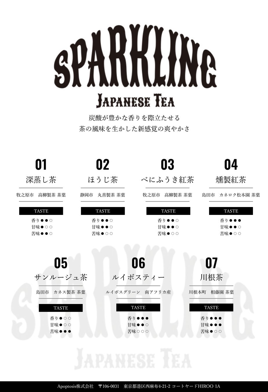 農林水産大臣賞受賞の最高級茶葉使用、1本3万円の高級ボトリングティー『Apoptosis（アポトーシス）』より「SPARKLING JAPANESE TEA」7種類が販売開始！のサブ画像2