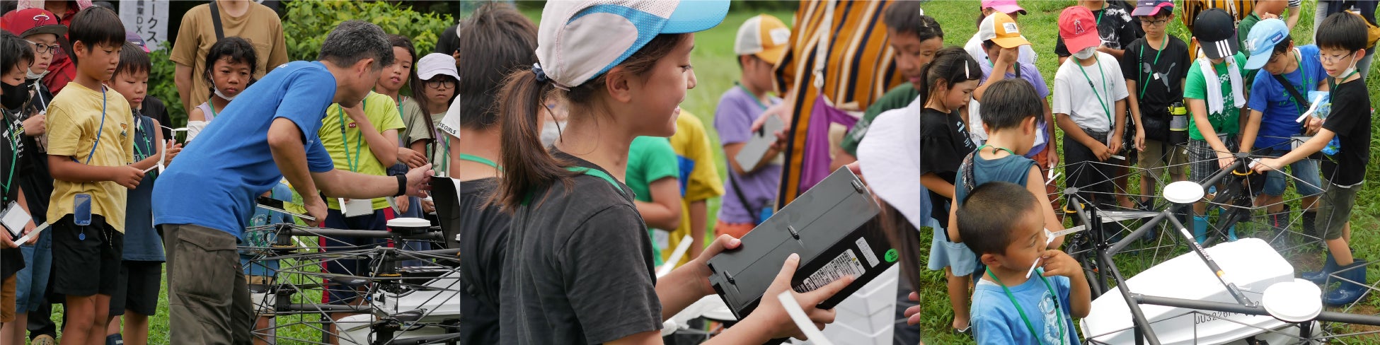 千葉市の小学生、働く農機を体験のサブ画像3_ドローンのバッテリーを手にし、ドローンに興味津々